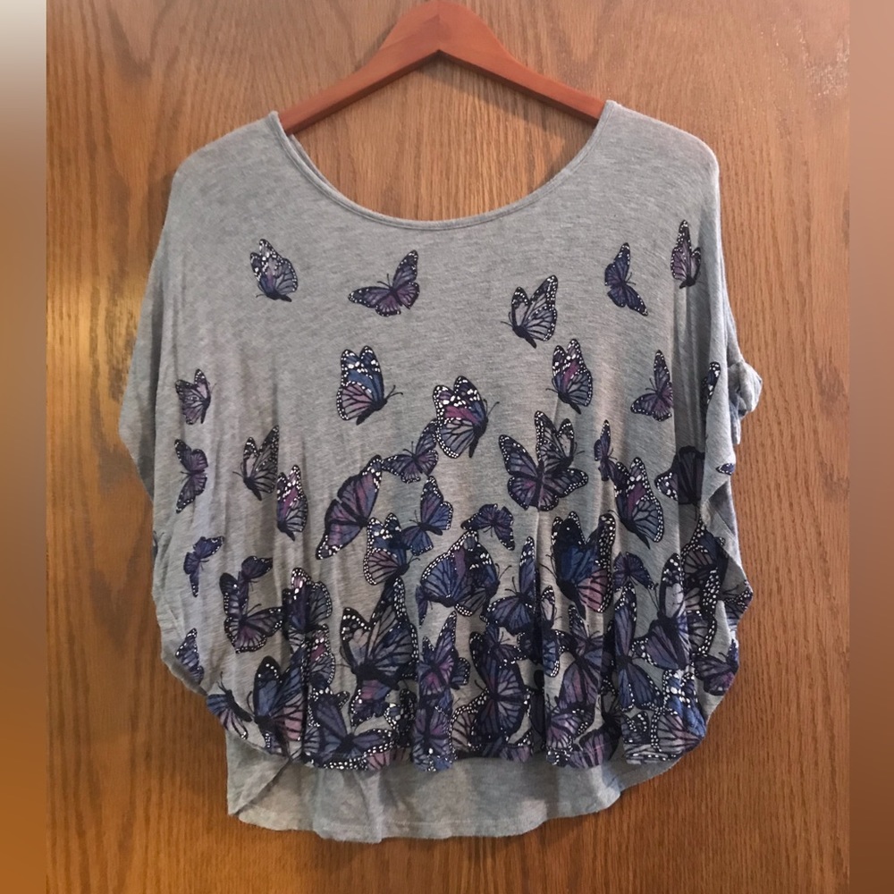 ‘Justice’ brand Gray and Purple butterfly blouse Size 12